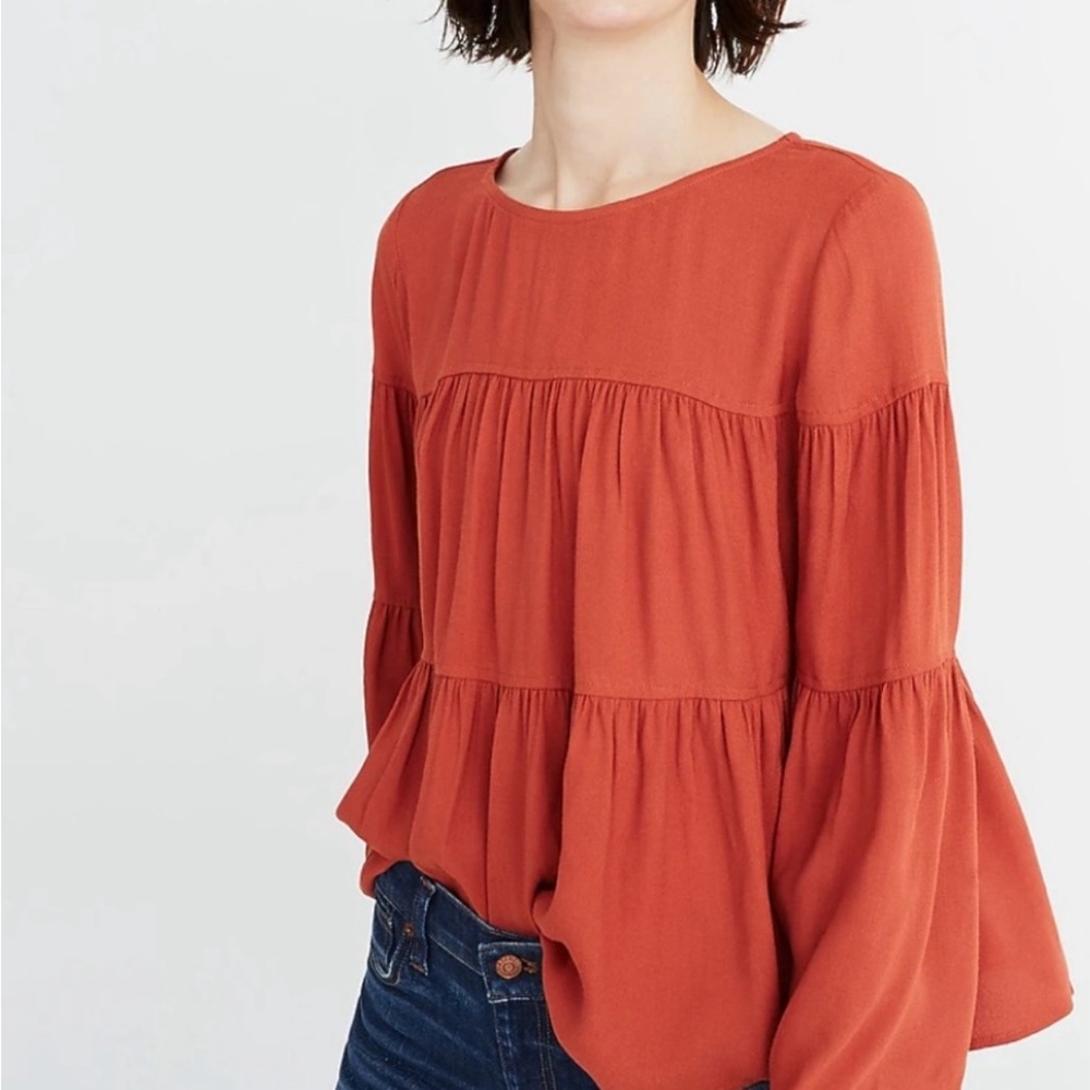 Madewell Women’s Burnt Orange Flowy Flared Sleeve Button Top Fall Season Size S